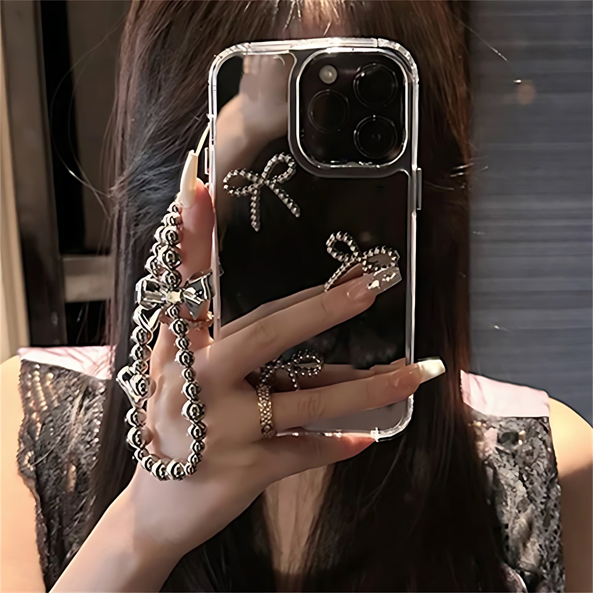 Cute Phone Cases For iPhone 11, 12, 13, 14, and 15 Pro Max - Mirror Bow Plating with Wristchain - TSP368 - Touchy Style