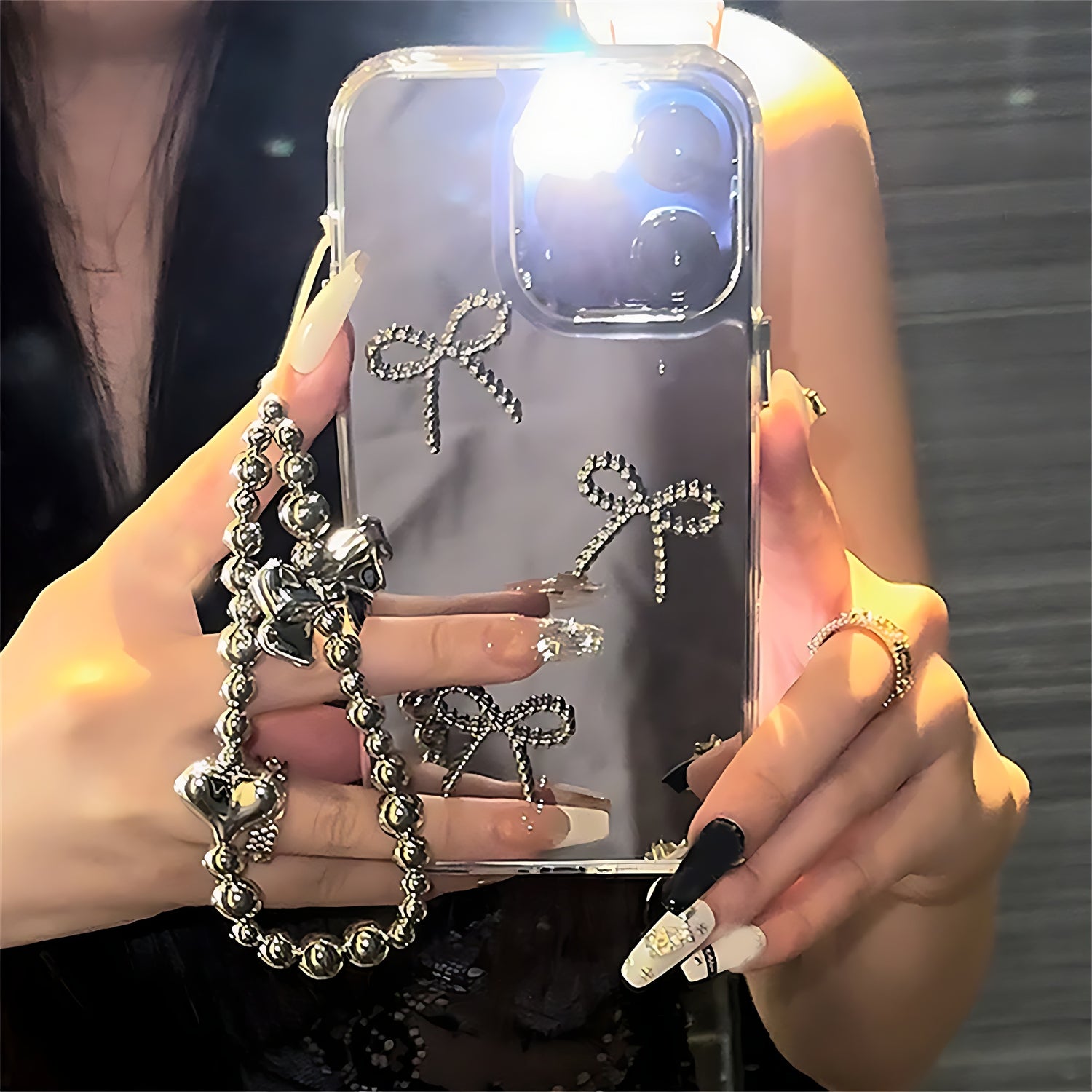 Cute Phone Cases For iPhone 11, 12, 13, 14, and 15 Pro Max - Mirror Bow Plating with Wristchain - TSP368 - Touchy Style