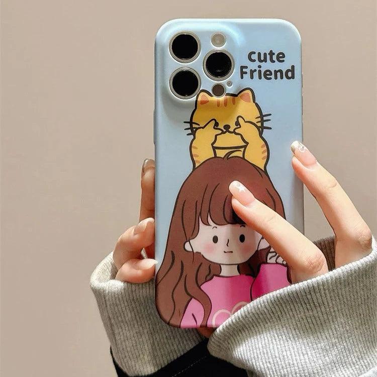 Cute Phone Cases for iPhone 11, 12, 13, 14, or 15 Pro Max - Cartoon Girl &amp; Cat Friends - Silicone Cover - TSP207 - Touchy Style