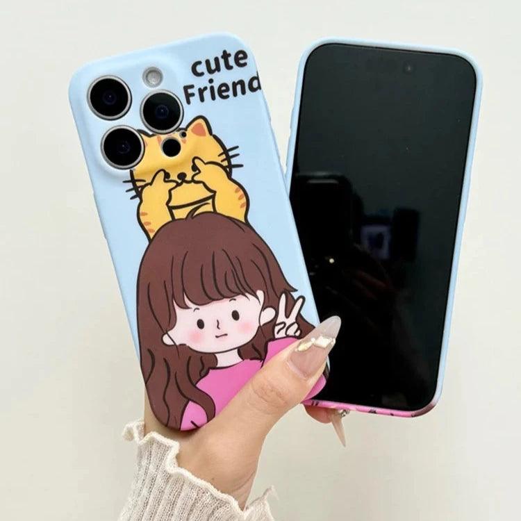 Cute Phone Cases for iPhone 11, 12, 13, 14, or 15 Pro Max - Cartoon Girl &amp; Cat Friends - Silicone Cover - TSP207 - Touchy Style