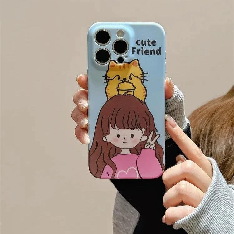 Cute Phone Cases for iPhone 11, 12, 13, 14, or 15 Pro Max - Cartoon Girl &amp; Cat Friends - Silicone Cover - TSP207 - Touchy Style