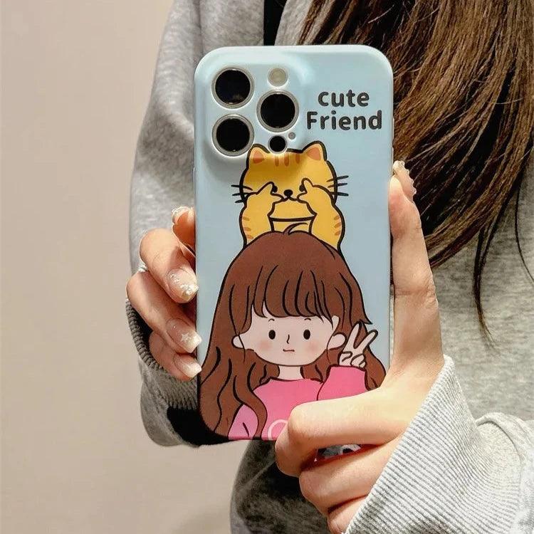 Cute Phone Cases for iPhone 11, 12, 13, 14, or 15 Pro Max - Cartoon Girl &amp; Cat Friends - Silicone Cover - TSP207 - Touchy Style