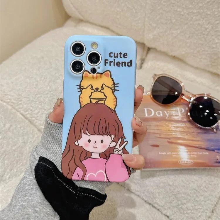 Cute Phone Cases for iPhone 11, 12, 13, 14, or 15 Pro Max - Cartoon Girl & Cat Friends - Silicone Cover - TSP207 - Touchy Style