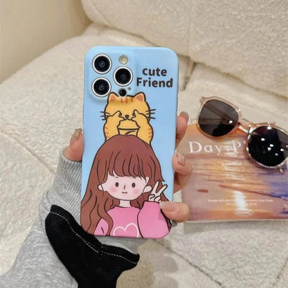 Cute Phone Cases for iPhone 11, 12, 13, 14, or 15 Pro Max - Cartoon Girl &amp; Cat Friends - Silicone Cover - TSP207 - Touchy Style