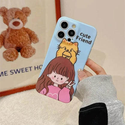 Cute Phone Cases for iPhone 11, 12, 13, 14, or 15 Pro Max - Cartoon Girl &amp; Cat Friends - Silicone Cover - TSP207 - Touchy Style