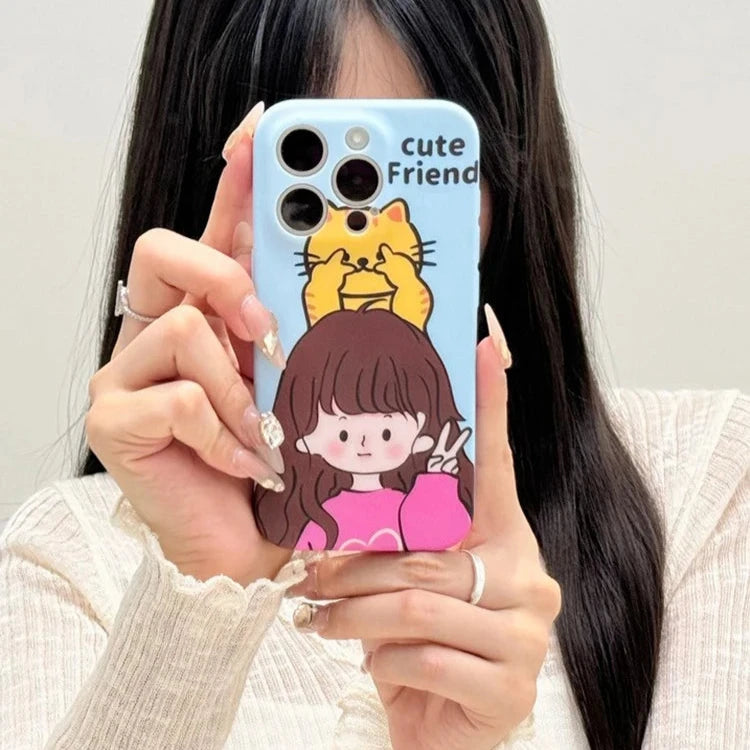 Cute Phone Cases for iPhone 11, 12, 13, 14, or 15 Pro Max - Cartoon Girl &amp; Cat Friends - Silicone Cover - TSP207 - Touchy Style