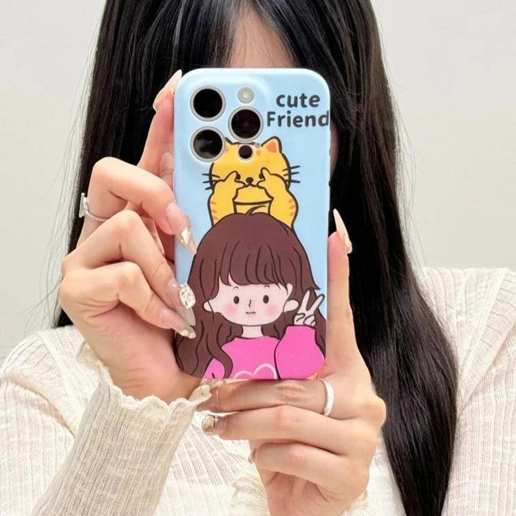 Cute Phone Cases for iPhone 11, 12, 13, 14, or 15 Pro Max - Cartoon Girl &amp; Cat Friends - Silicone Cover - TSP207 - Touchy Style