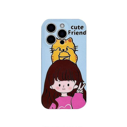 Cute Phone Cases for iPhone 11, 12, 13, 14, or 15 Pro Max - Cartoon Girl &amp; Cat Friends - Silicone Cover - TSP207 - Touchy Style