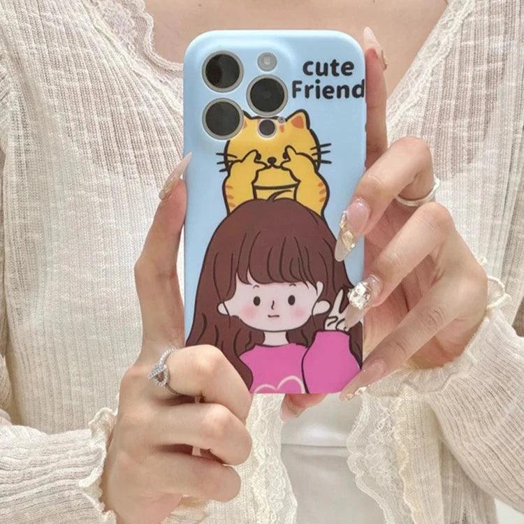 Cute Phone Cases for iPhone 11, 12, 13, 14, or 15 Pro Max - Cartoon Girl &amp; Cat Friends - Silicone Cover - TSP207 - Touchy Style