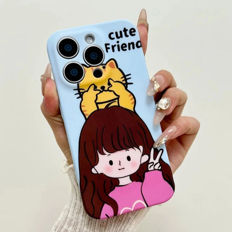 Cute Phone Cases for iPhone 11, 12, 13, 14, or 15 Pro Max - Cartoon Girl &amp; Cat Friends - Silicone Cover - TSP207 - Touchy Style