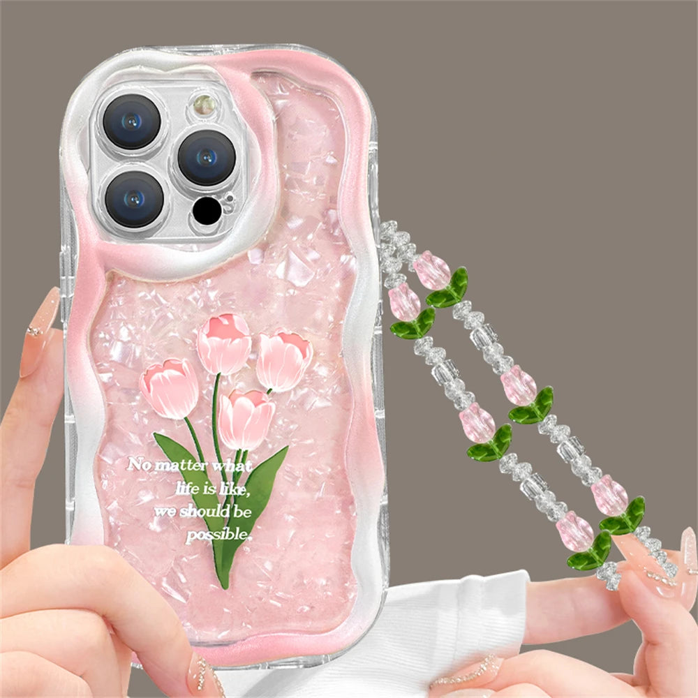 Cute Phone Cases For iPhone 11, 12, 13, 14, or Pro Max - Pink Tulip Shell Pattern, Flower Chain Lanyard - TSP432 - Touchy Style