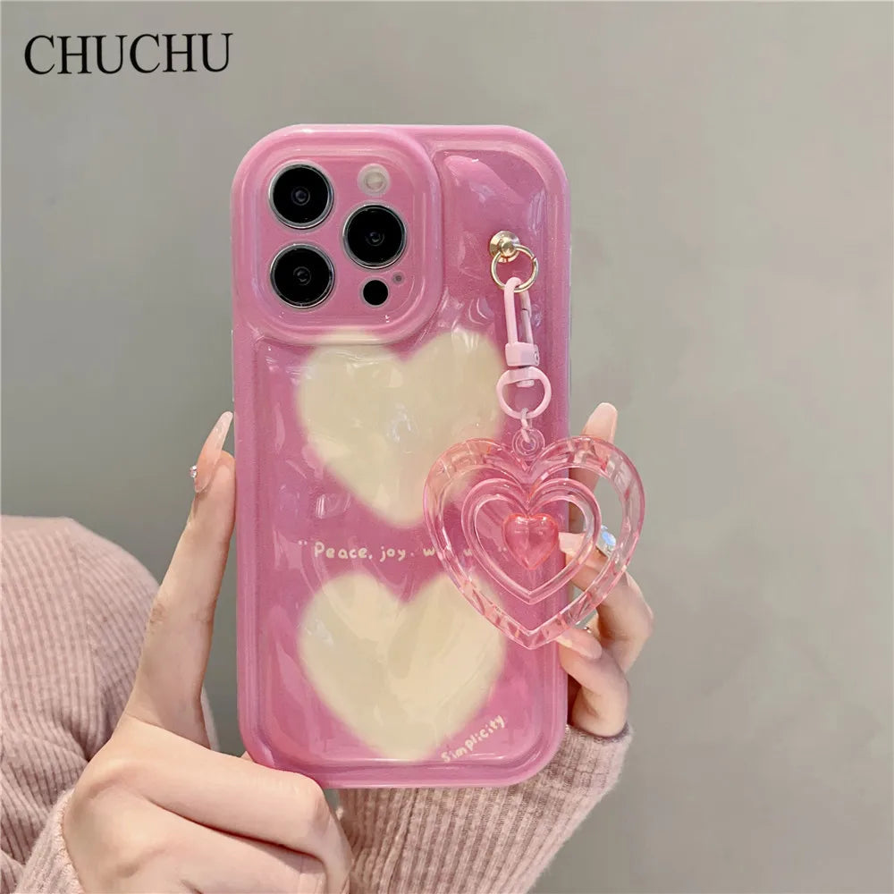 Cute Phone Cases For iPhone 11, 12, 13, 14, Pro Max, XR, X, XS, and 14 Plus - 3D Pink Heart Keychain, Soft Cover - TSP433 - Touchy Style