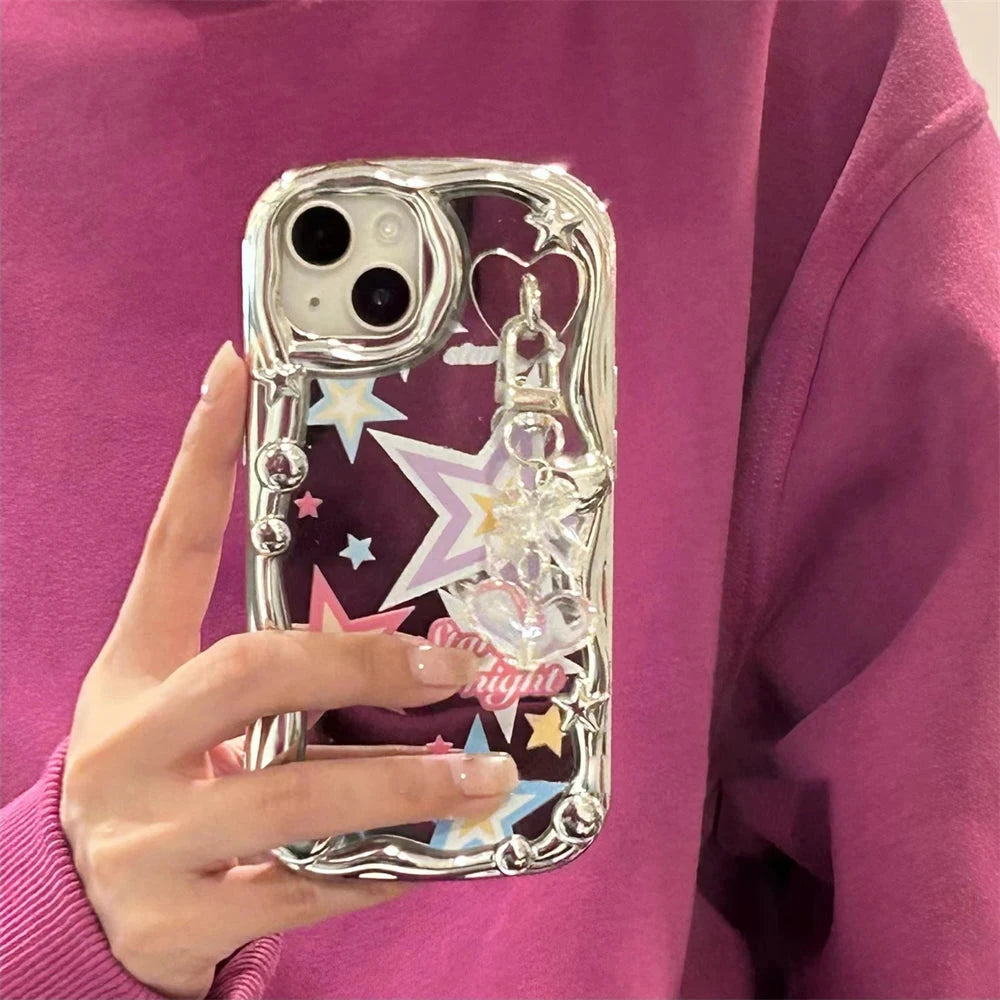 Cute Phone Cases For iPhone 11, 12 Pro, 13, 14 Pro Max, and 14 Plus - Plating Sliver, StarS, 3D Heart, Bow Keychain - TSP375 - Touchy Style