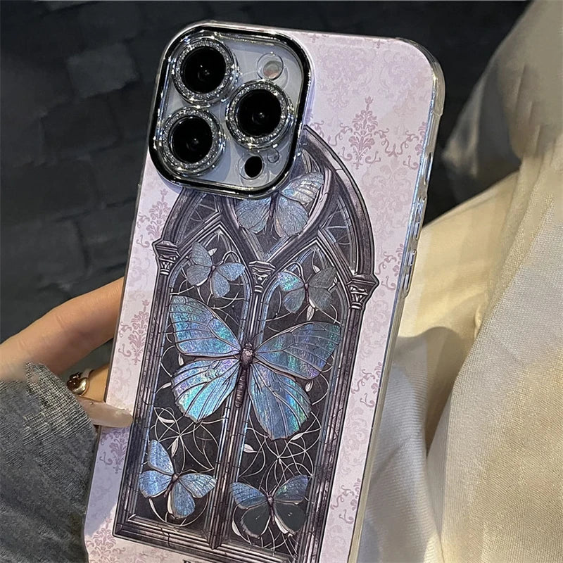 Cute Phone Cases for iPhone 12, 13, 14, and 15 Pro Max - Glitter Butterfly, Window Floral Back Cover - TSP460 - Touchy Style