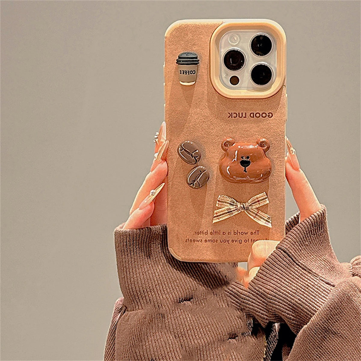 Cute Phone Cases For iPhone 13, 14, 15, and 16 Pro Max - Cartoon 3D Bear, Coffee, and Bow Design - TSP444 - Touchy Style