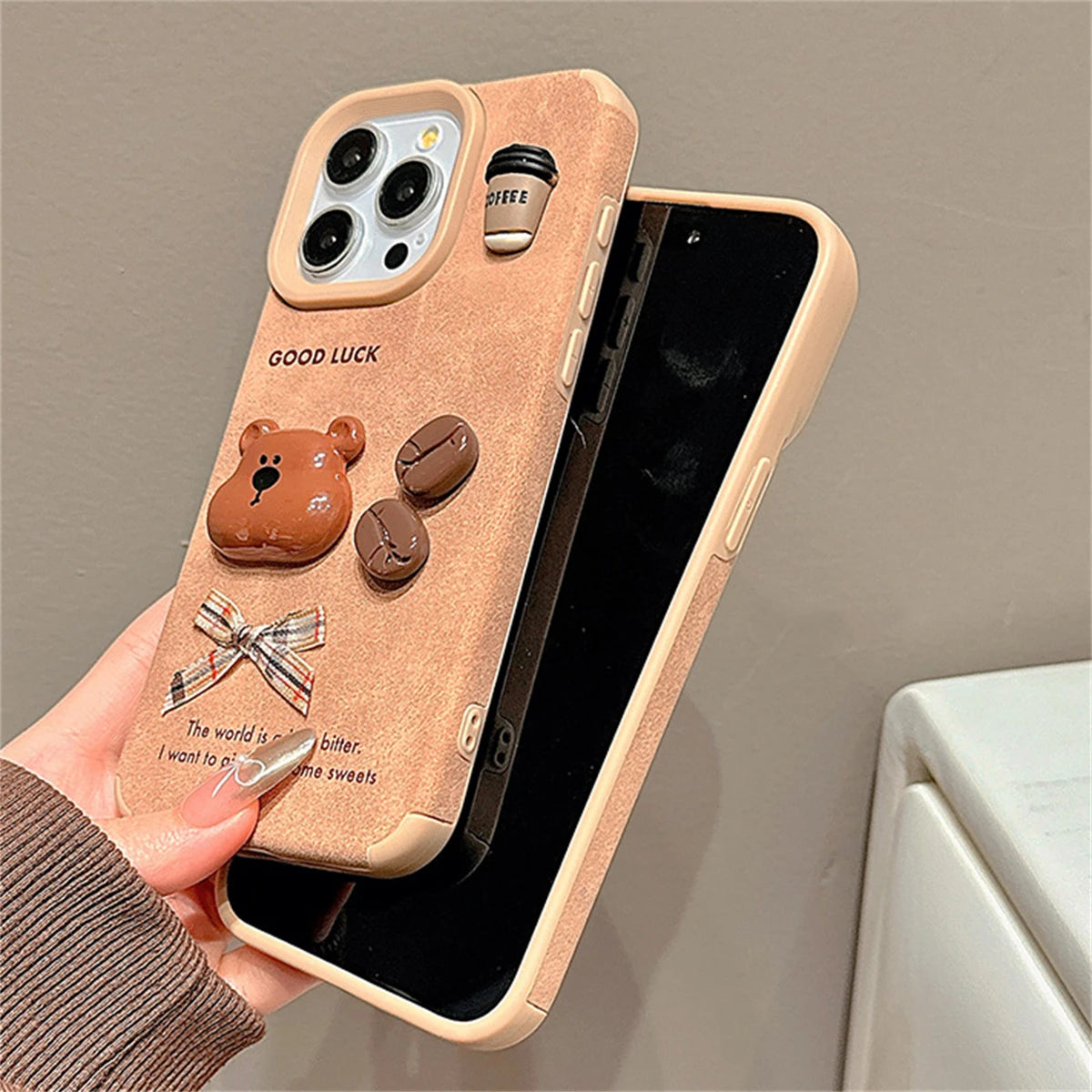 Cute Phone Cases For iPhone 13, 14, 15, and 16 Pro Max - Cartoon 3D Bear, Coffee, and Bow Design - TSP444 - Touchy Style