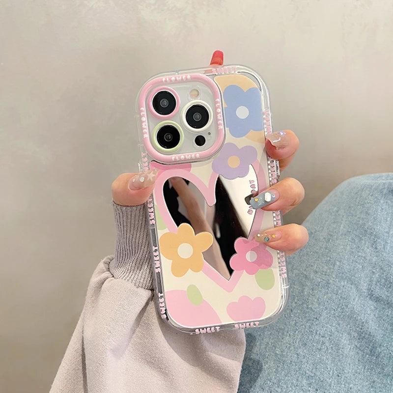 Cute Phone Cases for iPhone 14, 13, 12, 11, and 15 Pro Max - Sweet Flowers - Heart Mirror Cover - TSP55 - Touchy Style