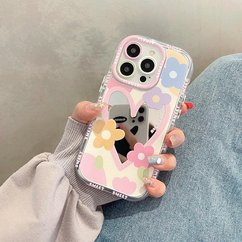 Cute Phone Cases for iPhone 14, 13, 12, 11, and 15 Pro Max - Sweet Flowers - Heart Mirror Cover - TSP55 - Touchy Style