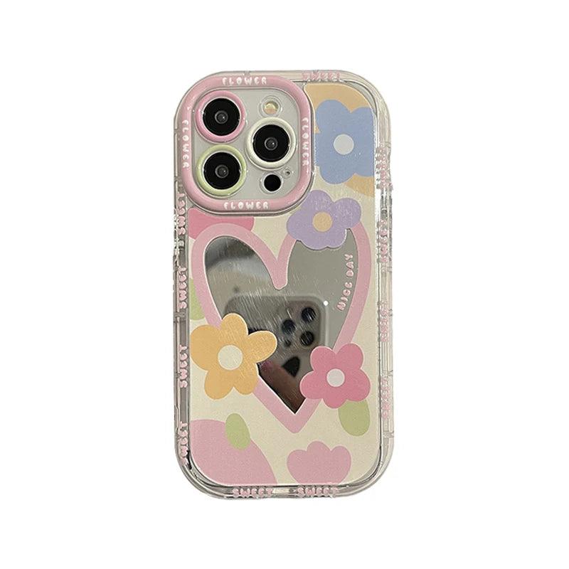 Cute Phone Cases for iPhone 14, 13, 12, 11, and 15 Pro Max - Sweet Flowers - Heart Mirror Cover - TSP55 - Touchy Style