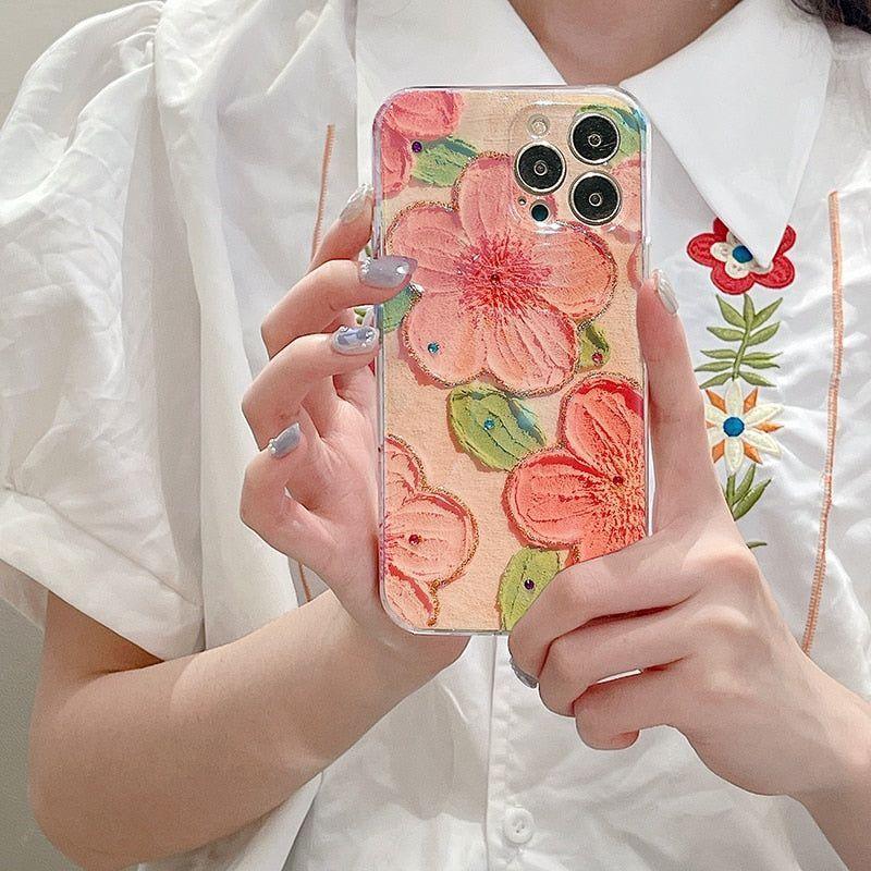 Cute Phone Cases for iPhone 14 Pro Max 13 12 11 X XS XR 7 8 Plus SE 2020 - Pink Flowers Glitter Laser - Touchy Style