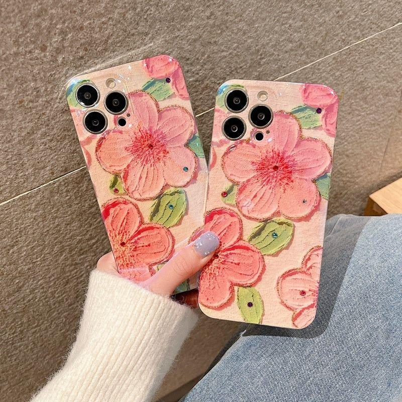 Cute Phone Cases for iPhone 14 Pro Max 13 12 11 X XS XR 7 8 Plus SE 2020 - Pink Flowers Glitter Laser - Touchy Style