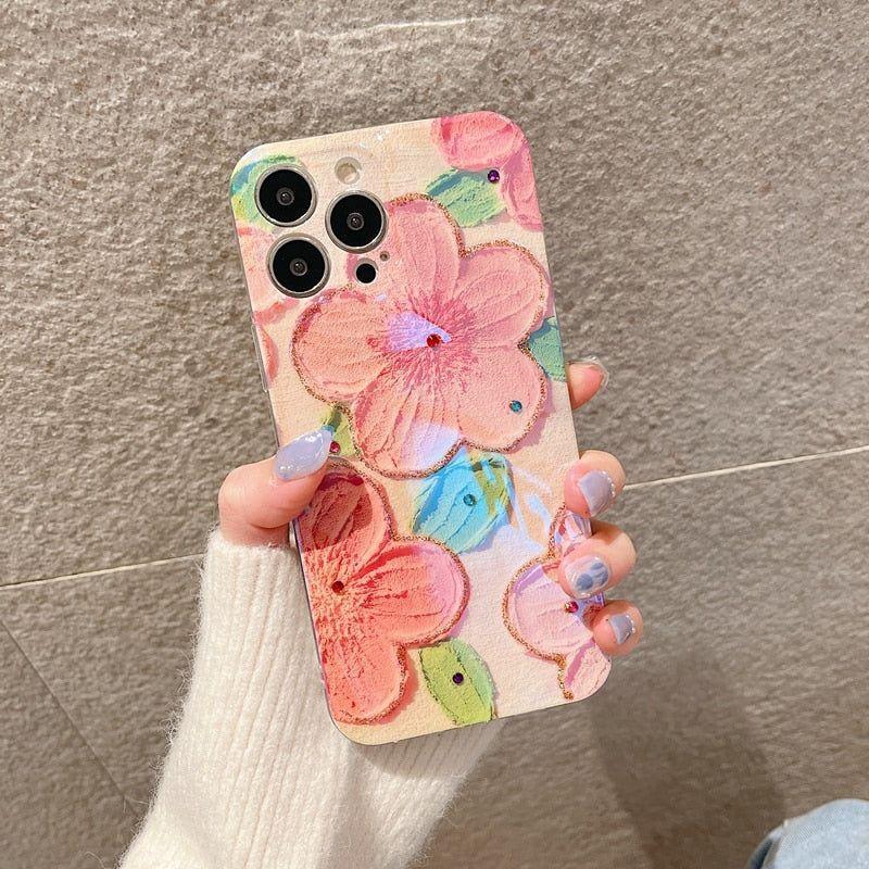 Cute Phone Cases for iPhone 14 Pro Max 13 12 11 X XS XR 7 8 Plus SE 2020 - Pink Flowers Glitter Laser - Touchy Style