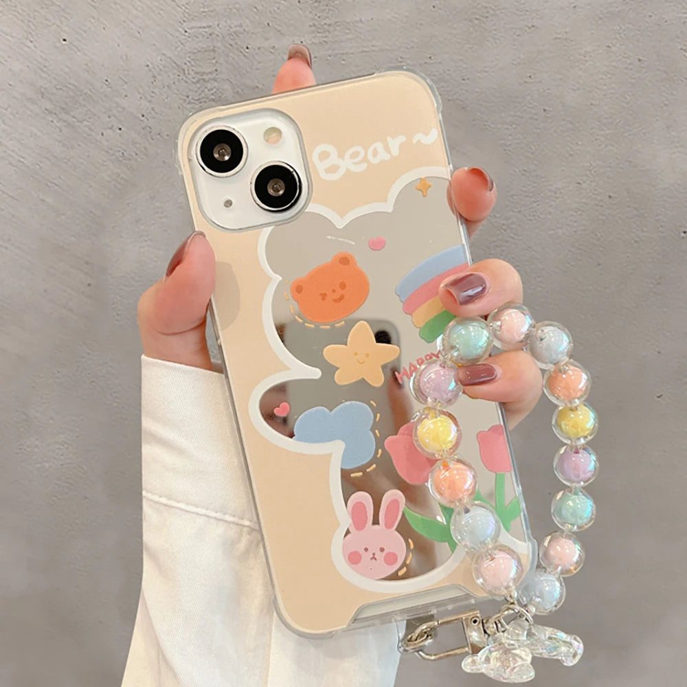 Cute Phone Cases For iPhone 14 Pro Max, 13, 12 Pro, 11, X, XR, XS, 7, 8 Plus, and SE3 - Cartoon Bear,Flower Mirror Cover - TSP369 - Touchy Style