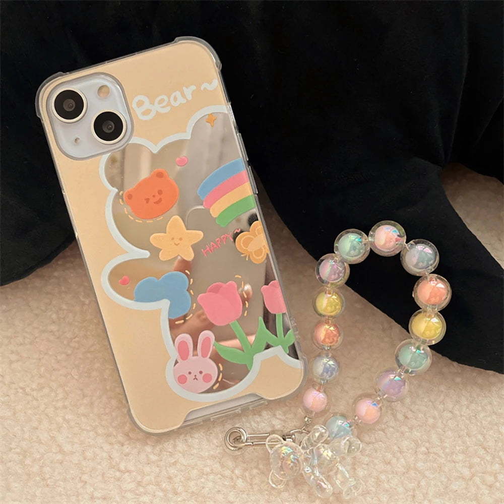 Cute Phone Cases For iPhone 14 Pro Max, 13, 12 Pro, 11, X, XR, XS, 7, 8 Plus, and SE3 - Cartoon Bear,Flower Mirror Cover - TSP369 - Touchy Style