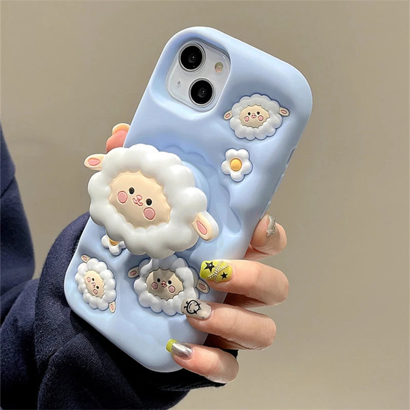 Cute Phone Cases For iPhone 15, 13, 14, 12 Pro Max, 11, and 14 Pro Max - White Sheep - Folding Stand Holder - TSP253 - Touchy Style