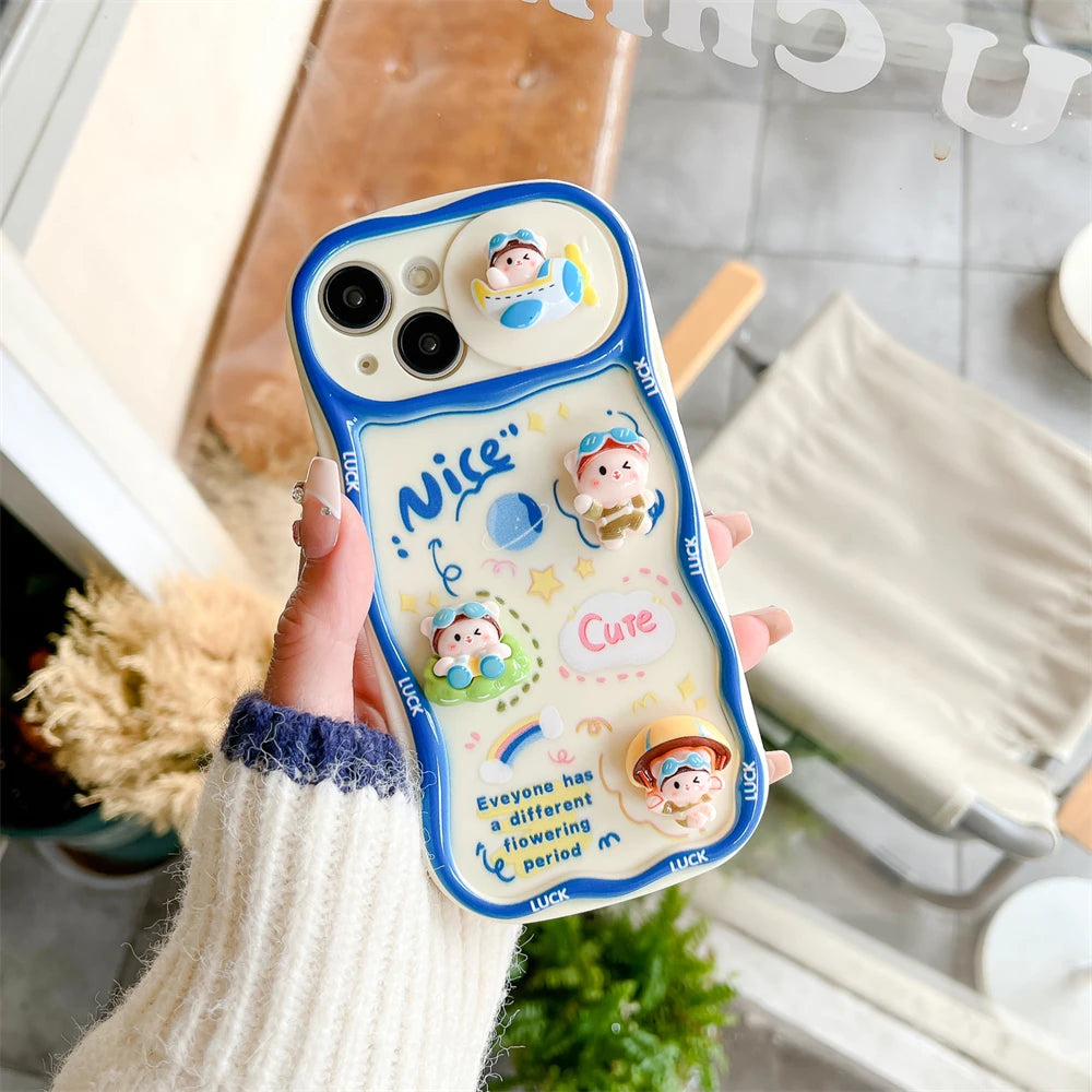 Cute Phone Cases for iPhone 15, 13, 14 Pro Max, 14, 15 Plus, 11 - 3D Bear Pig Pattern - Push-Pull Wavy Cover - TSP357 - Touchy Style