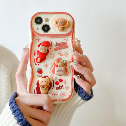 Cute Phone Cases for iPhone 15, 13, 14 Pro Max, 14, 15 Plus, 11 - 3D Bear Pig Pattern - Push-Pull Wavy Cover - TSP357 - Touchy Style