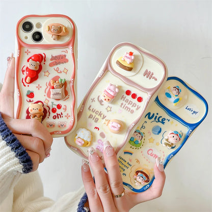 Cute Phone Cases for iPhone 15, 13, 14 Pro Max, 14, 15 Plus, 11 - 3D Bear Pig Pattern - Push-Pull Wavy Cover - TSP357 - Touchy Style