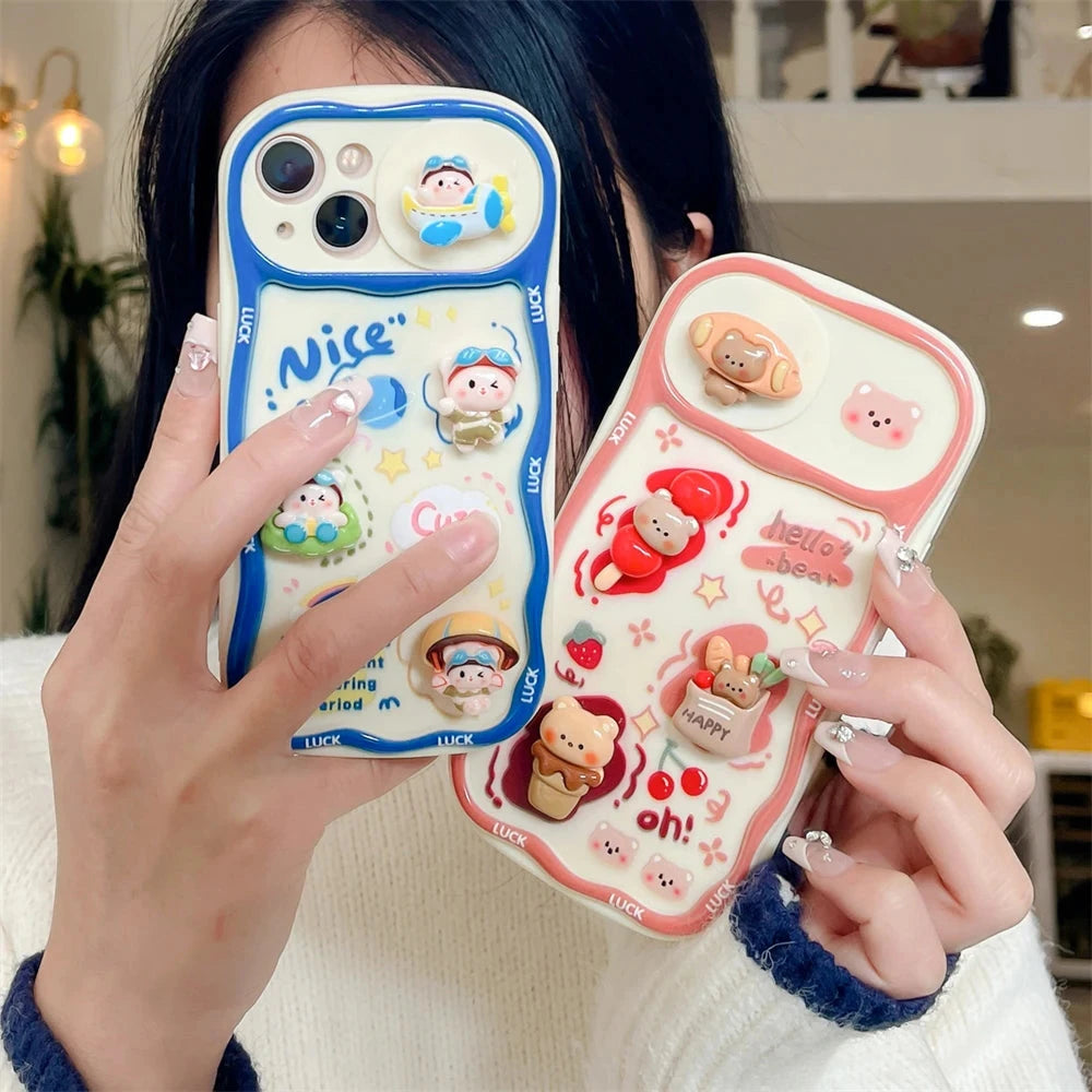 Cute Phone Cases for iPhone 15, 13, 14 Pro Max, 14, 15 Plus, 11 - 3D Bear Pig Pattern - Push-Pull Wavy Cover - TSP357 - Touchy Style