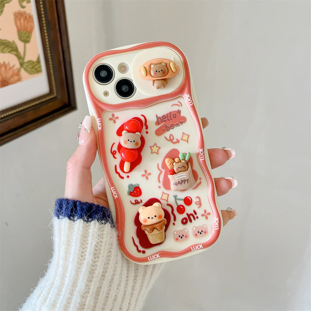 Cute Phone Cases for iPhone 15, 13, 14 Pro Max, 14, 15 Plus, 11 - 3D Bear Pig Pattern - Push-Pull Wavy Cover - TSP357 - Touchy Style