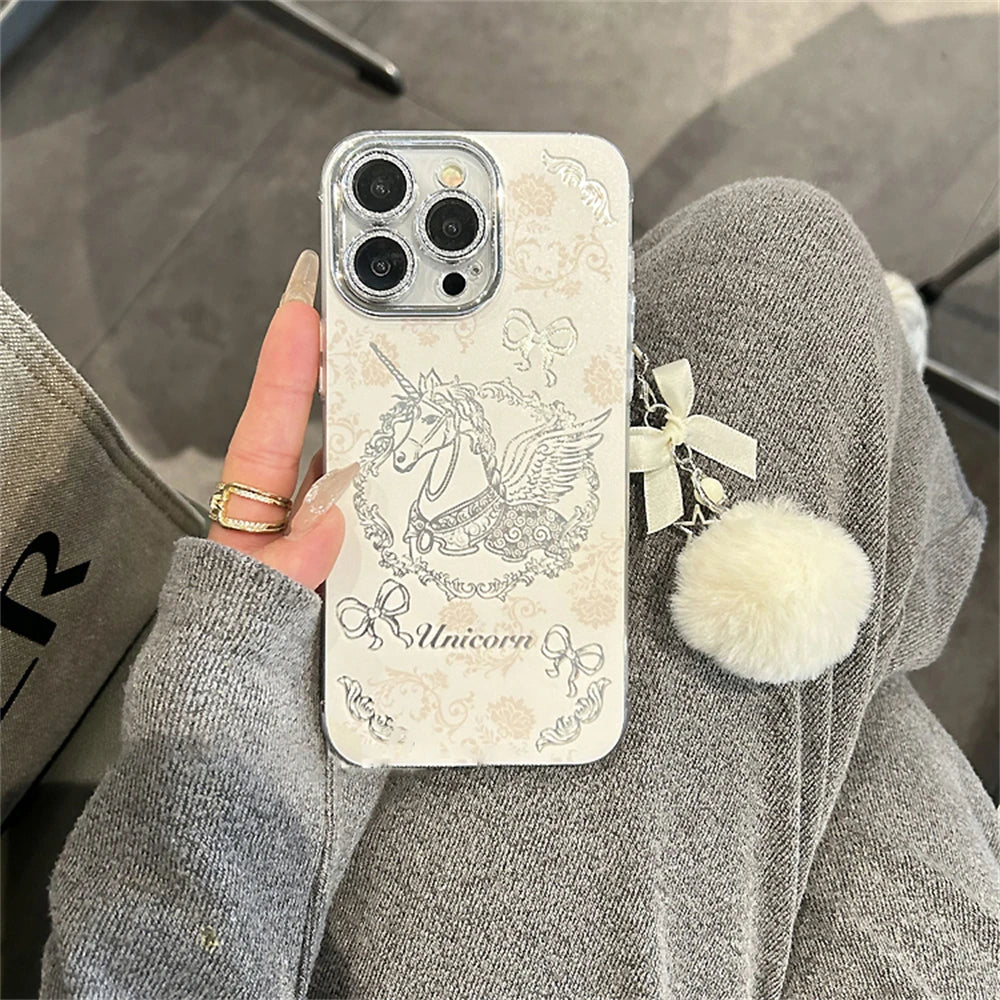 Cute Phone Cases for iPhone 15, 13, 14 Pro Max, and 11 - Dreamy Horse Pattern with Hairball Pendant - TSP359 - Touchy Style