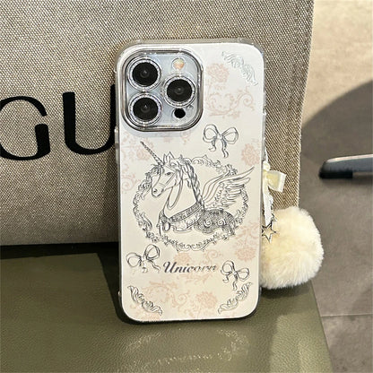 Cute Phone Cases for iPhone 15, 13, 14 Pro Max, and 11 - Dreamy Horse Pattern with Hairball Pendant - TSP359 - Touchy Style