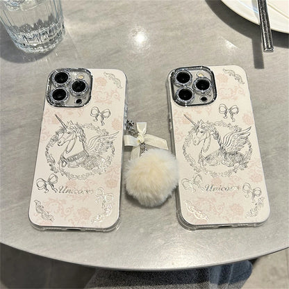 Cute Phone Cases for iPhone 15, 13, 14 Pro Max, and 11 - Dreamy Horse Pattern with Hairball Pendant - TSP359 - Touchy Style