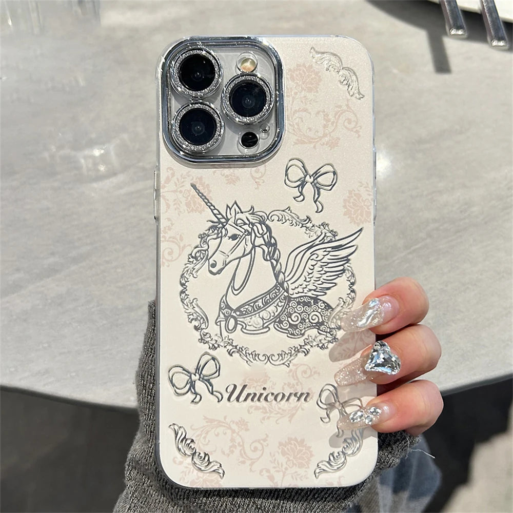 Cute Phone Cases for iPhone 15, 13, 14 Pro Max, and 11 - Dreamy Horse Pattern with Hairball Pendant - TSP359 - Touchy Style