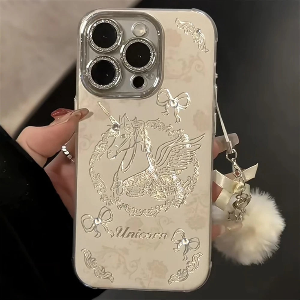 Cute Phone Cases for iPhone 15, 13, 14 Pro Max, and 11 - Dreamy Horse Pattern with Hairball Pendant - TSP359 - Touchy Style