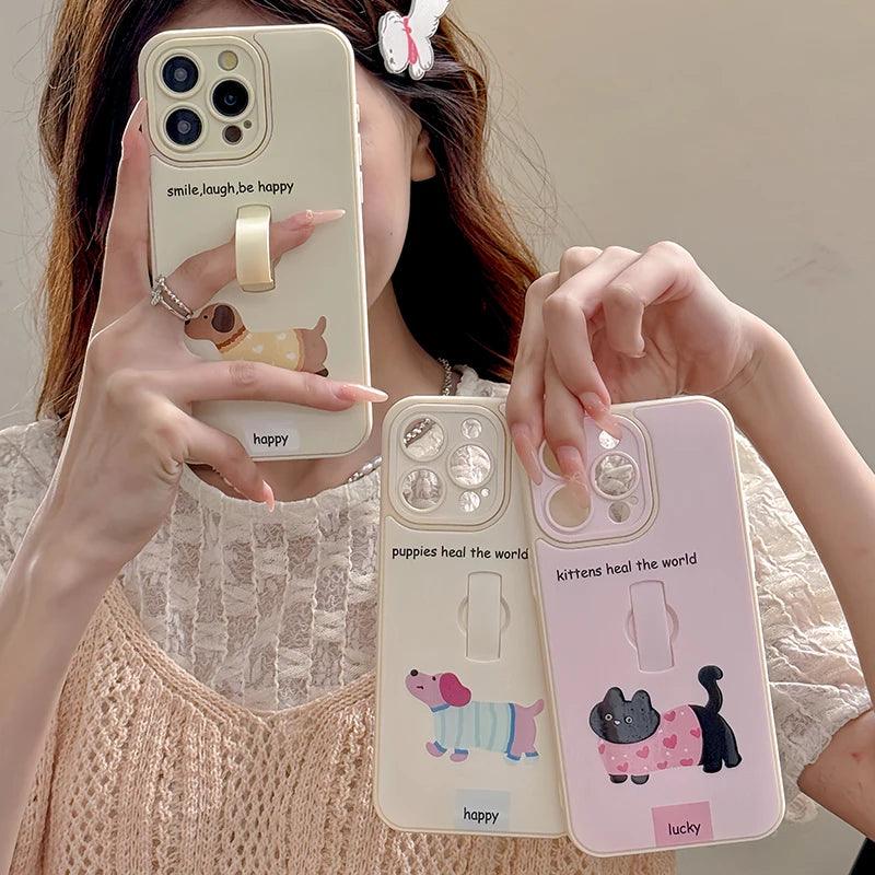 Cute Phone Cases for iPhone 15, 14, 13, 11, or 12 Pro Max - Cartoon Puppy Dog &amp; Cat with Hidden Ring Holder - TSP221 - Touchy Style