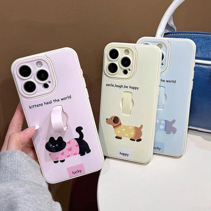 Cute Phone Cases for iPhone 15, 14, 13, 11, or 12 Pro Max - Cartoon Puppy Dog &amp; Cat with Hidden Ring Holder - TSP221 - Touchy Style