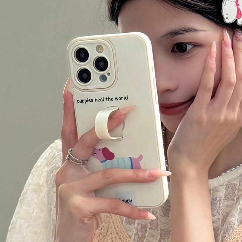 Cute Phone Cases for iPhone 15, 14, 13, 11, or 12 Pro Max - Cartoon Puppy Dog &amp; Cat with Hidden Ring Holder - TSP221 - Touchy Style