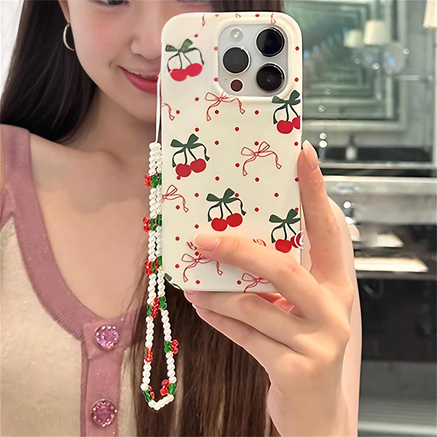 Cute Phone Cases for iPhone 15, 14, 13, 12, 11 Pro Max, and 14 and 15 Plus - Cherry Bowknot Bracelet Cover - TSP345 - Touchy Style