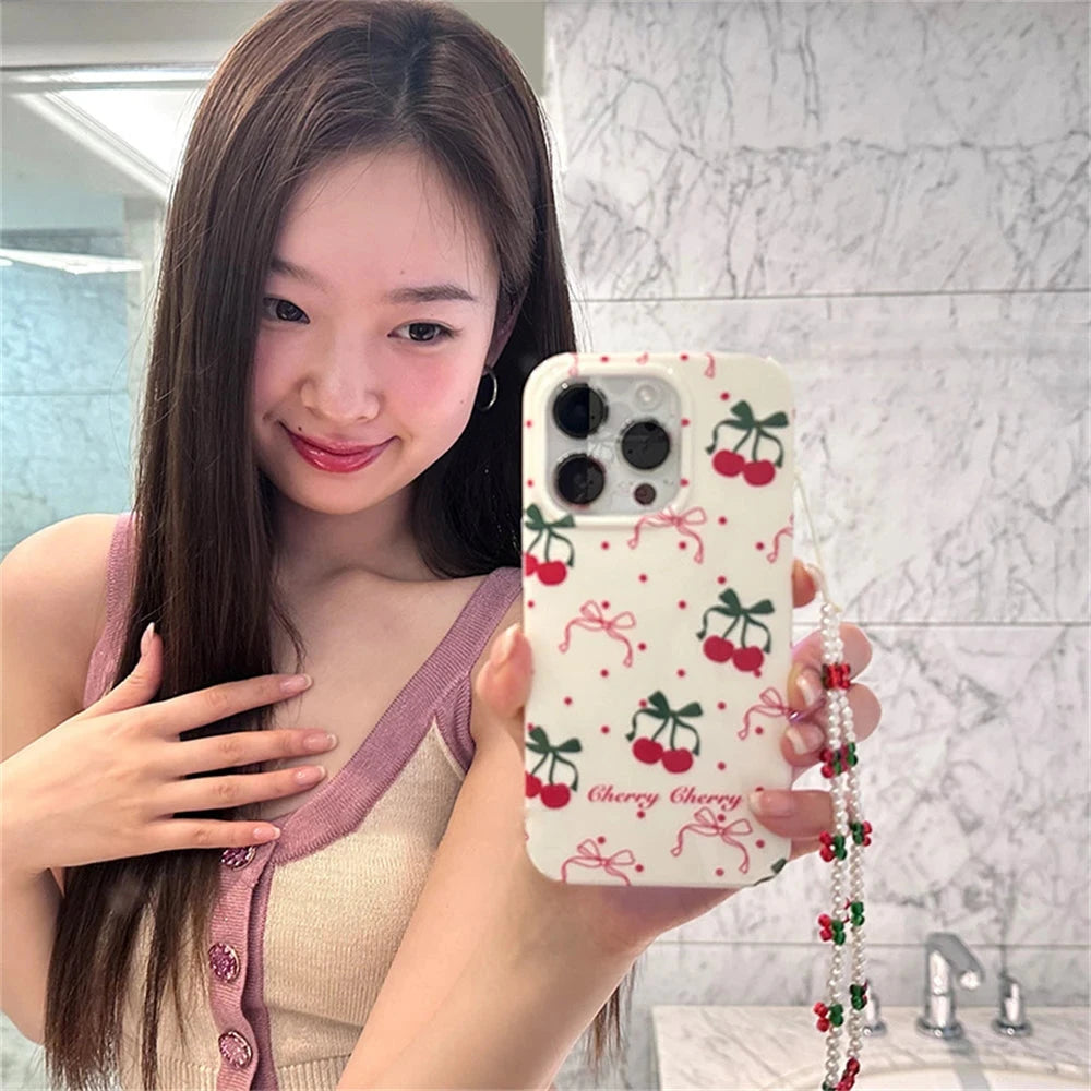 Cute Phone Cases for iPhone 15, 14, 13, 12, 11 Pro Max, and 14 and 15 Plus - Cherry Bowknot Bracelet Cover - TSP345 - Touchy Style