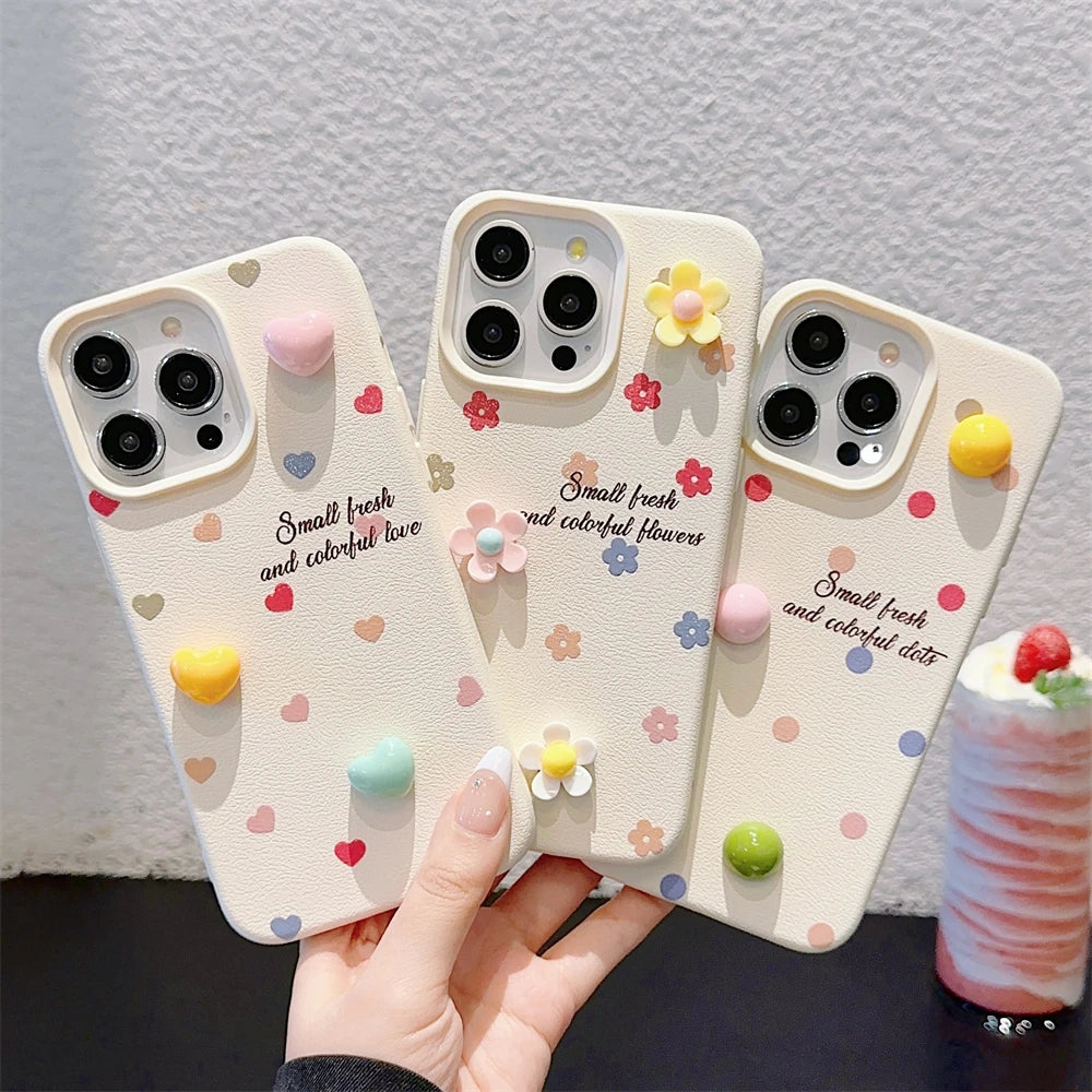 Cute Phone Cases for iPhone 15, 14, 13, 12, and 11 Pro Max - 3D Hearts &amp; Flowers - Leather Cover - TSP334 - Touchy Style