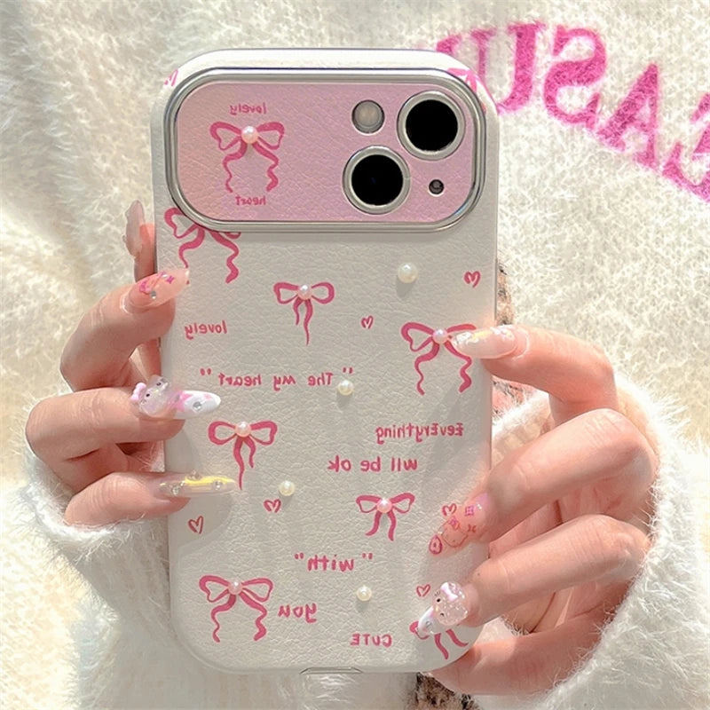 Cute Phone Cases for iPhone 15, 14, 13, 12, or 11 Pro Max - Pink Bowknot &amp; Mini Pearls - TSP458 - Touchy Style