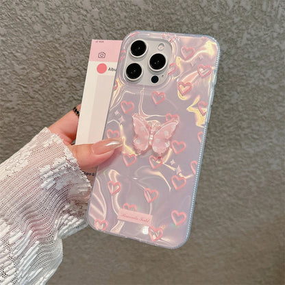 Cute Phone Cases For iPhone 15, 14, 13, 12 Pro Max, 14 Plus, 15 Plus, and 11 - Laser 3D Butterfly Hearts Pattern - TSP366 - Touchy Style