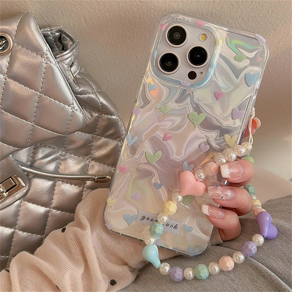 Cute Phone Cases for iPhone 15, 14, 13, 12, Pro Max, and 11 - Colorful Hearts Pattern with Bracelet - TSP353 - Touchy Style