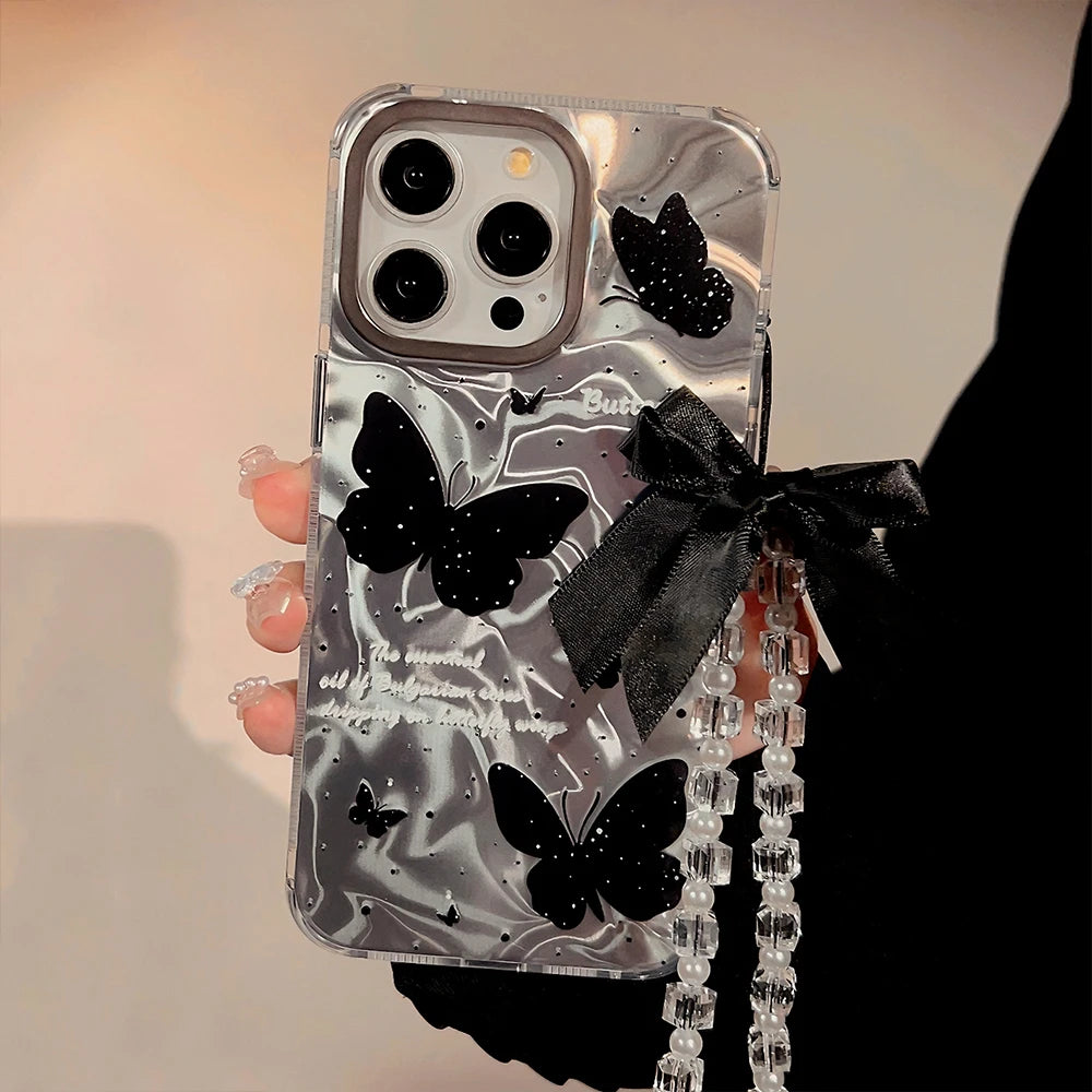 Cute Phone Cases for iPhone 15, 14, 13, 12 Pro Max, and Plus models - Butterfly Pattern With 3D Bow Bracelet - TSP341 - Touchy Style