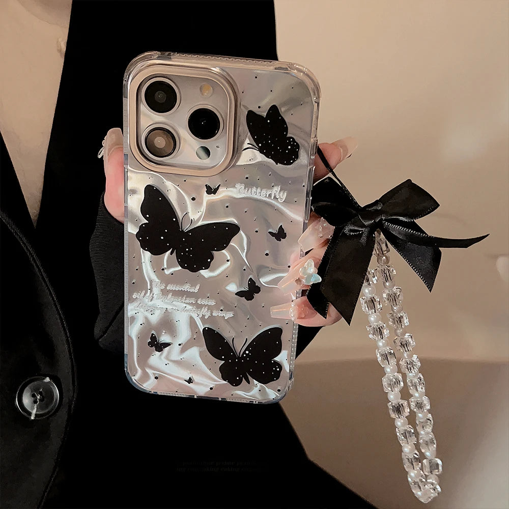 Cute Phone Cases for iPhone 15, 14, 13, 12 Pro Max, and Plus models - Butterfly Pattern With 3D Bow Bracelet - TSP341 - Touchy Style